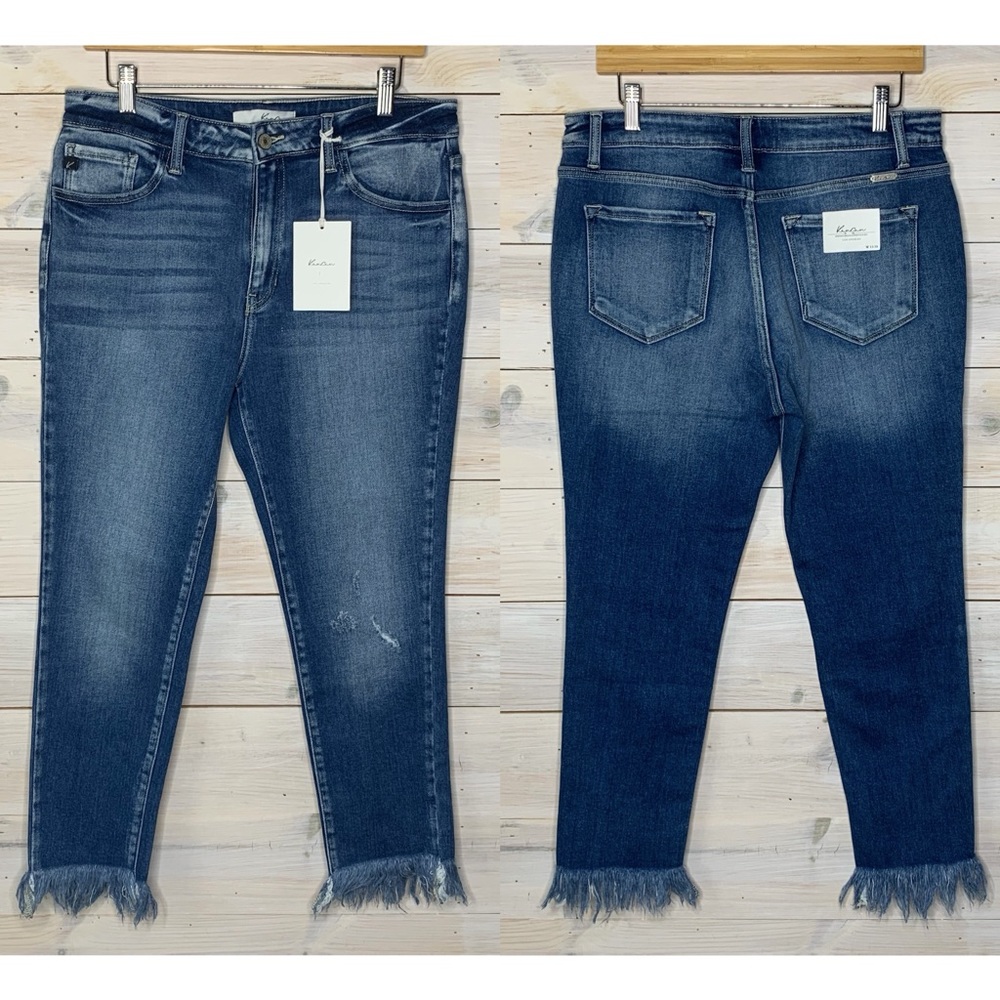 KANCAN Medium Washed Cropped Jeans with Frayed Hem